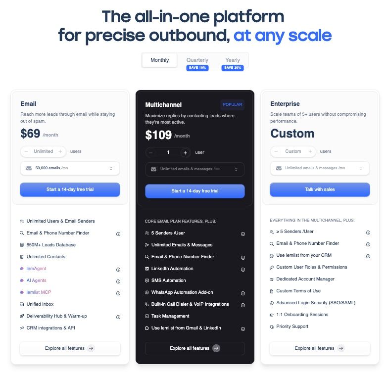 lemlist pricing page showing the Email plan at 69 dollars a month and the Multichannel plan at 109 dollars per user per month