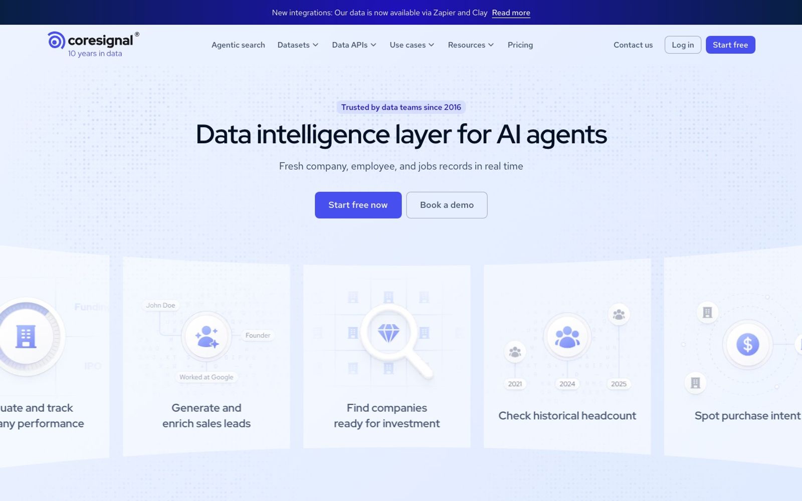 Coresignal homepage: data intelligence layer for AI agents with fresh company and employee records