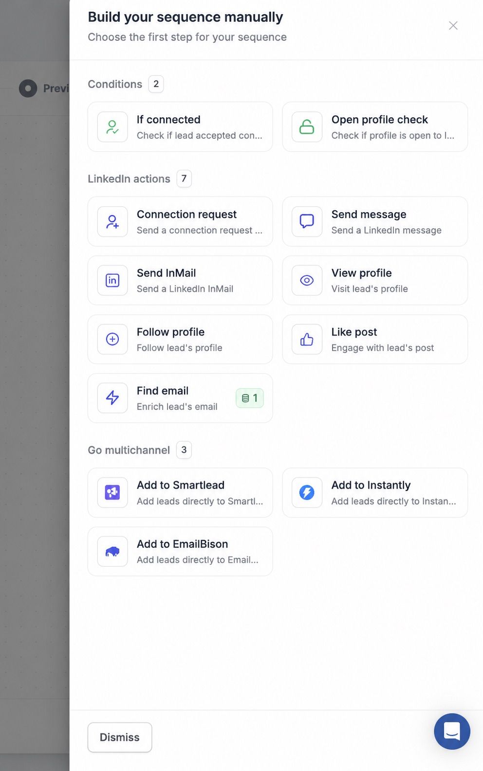 HeyReach sequence step picker listing conditions, LinkedIn actions including connection request, message, InMail and find email, and multichannel handoffs to Smartlead, Instantly and EmailBison