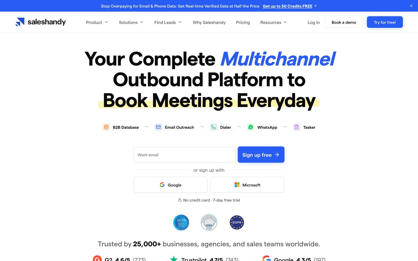 Saleshandy homepage showing its cold email and lead finder platform
