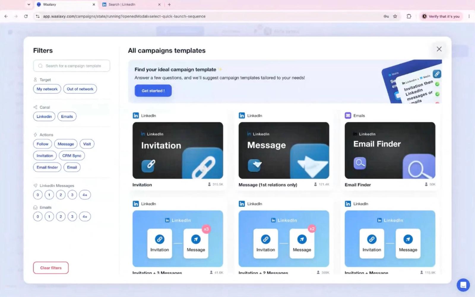 Waalaxy campaign creation screen listing prebuilt templates such as invitation and message sequences