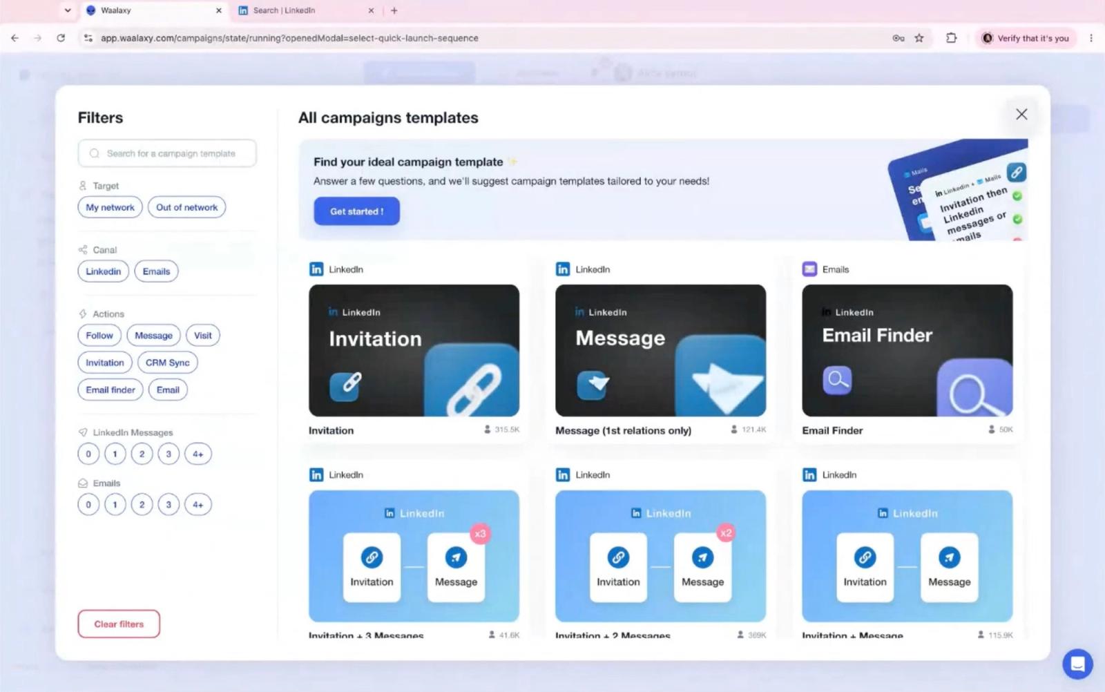Waalaxy campaign creation screen listing prebuilt templates such as invitation and message sequences