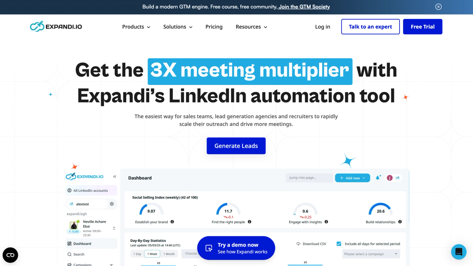 Expandi homepage presenting its LinkedIn automation platform