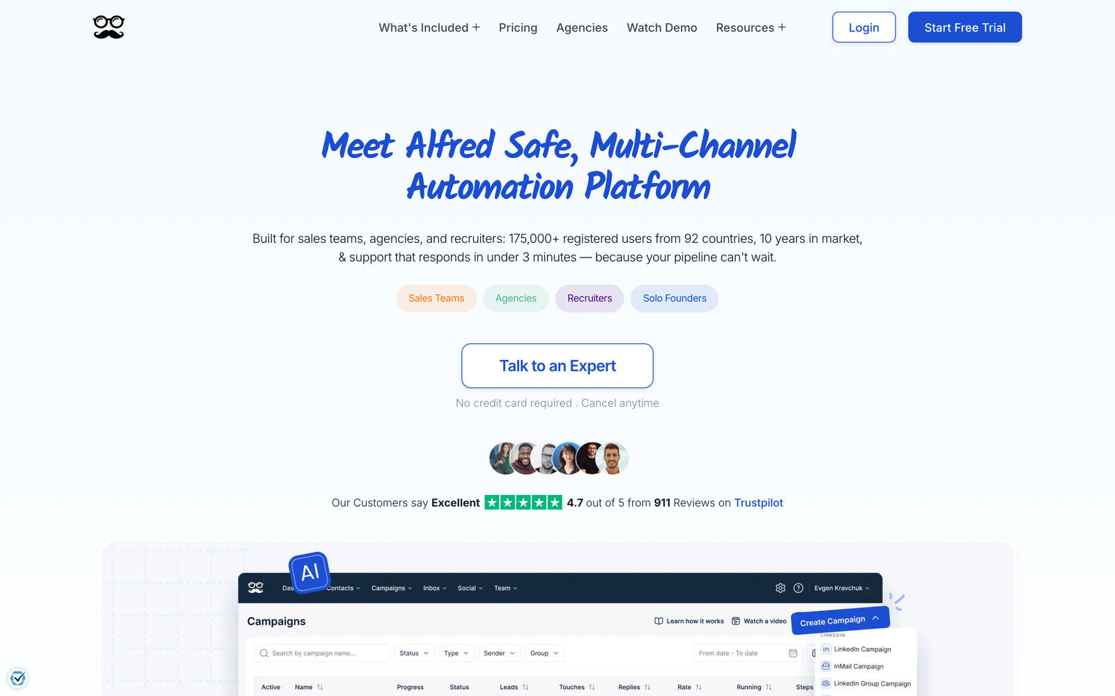 Meet Alfred homepage presenting its safe multi-channel automation platform for sales teams, agencies, and recruiters