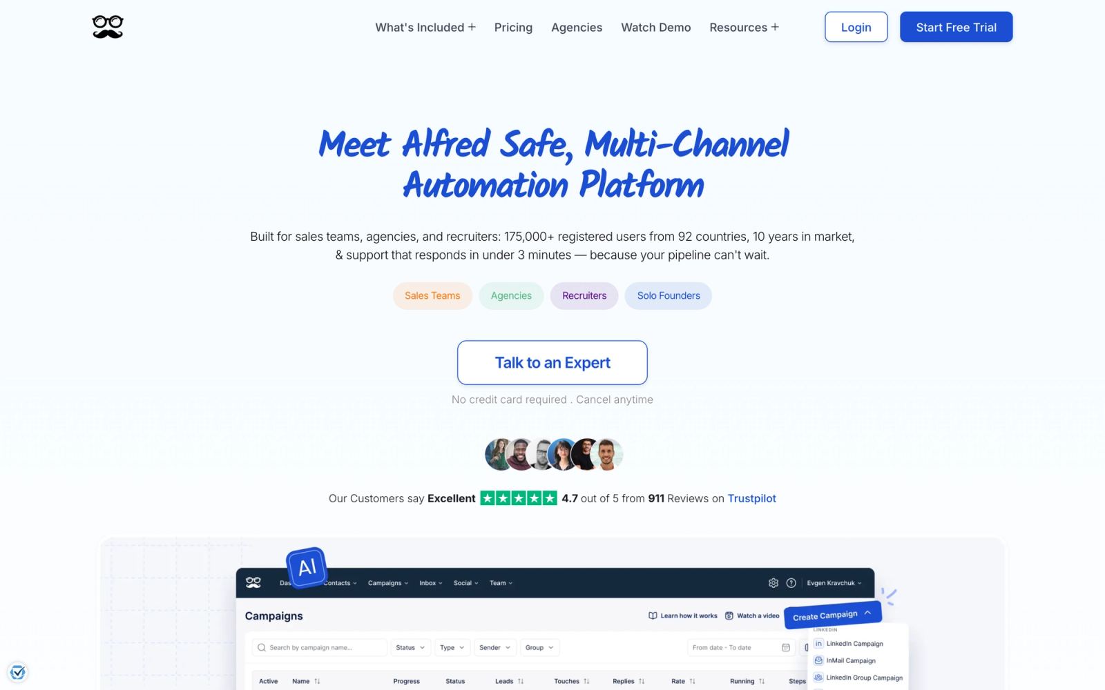Meet Alfred homepage presenting its safe multi-channel automation platform for sales teams, agencies, and recruiters