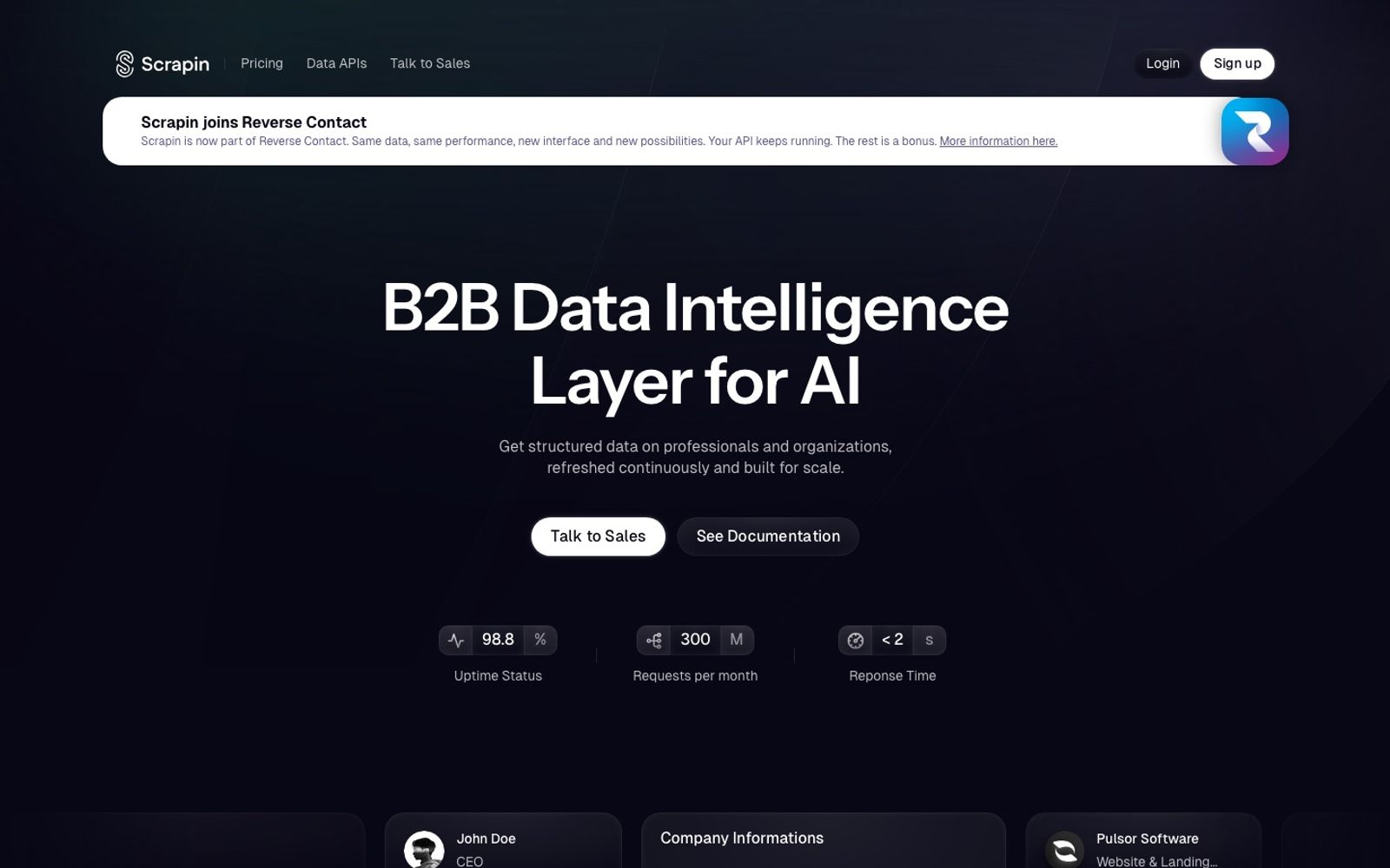 ScrapIn homepage: B2B data intelligence layer for AI