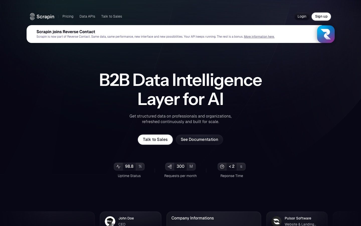 ScrapIn homepage: B2B data intelligence layer for AI