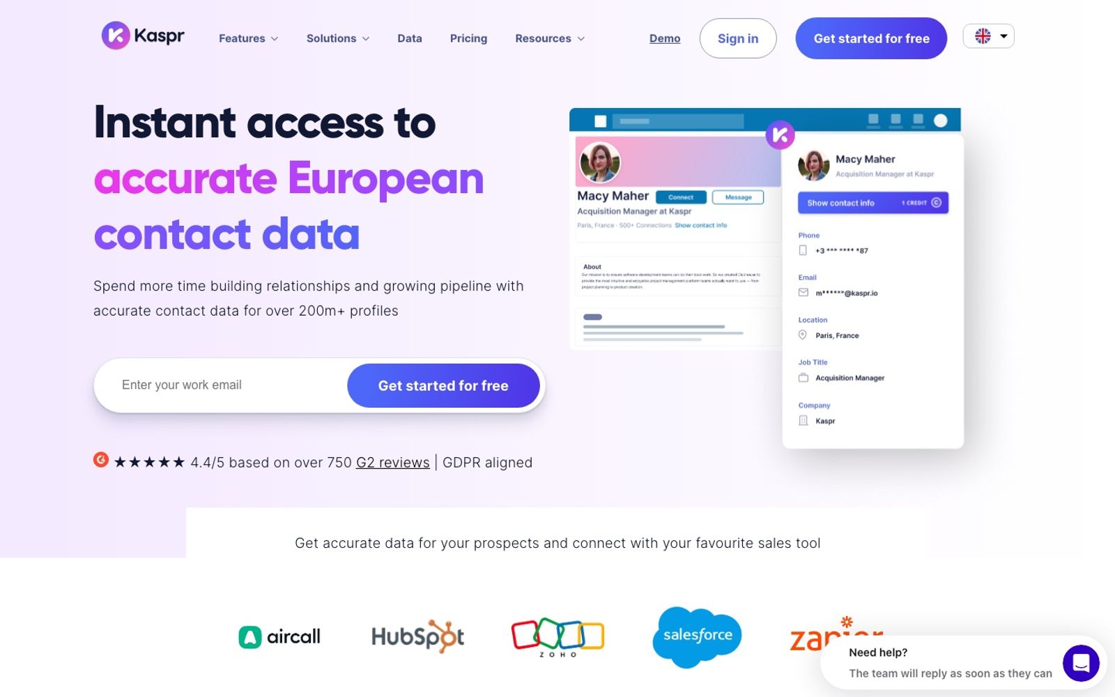 Kaspr homepage presenting its LinkedIn contact data extension