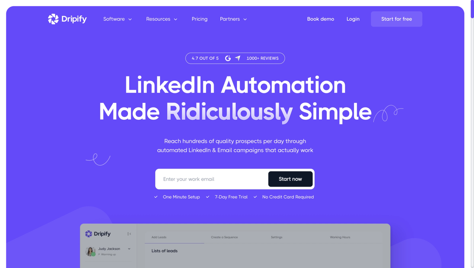 Dripify homepage presenting its LinkedIn automation tool