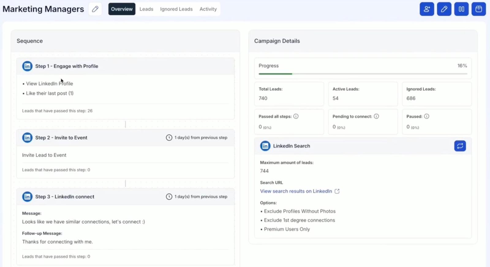 MeetAlfred campaign overview reporting 740 total leads, 686 ignored, 54 active and 16 percent progress