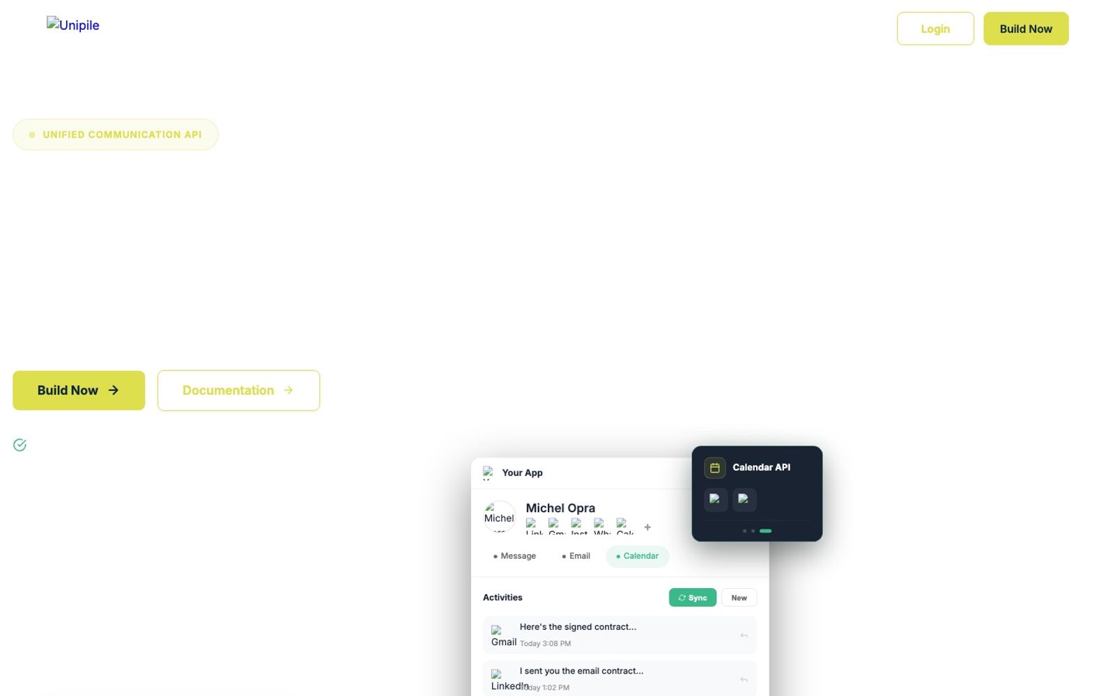 Unipile homepage presenting its unified API for messaging, email, and scheduling