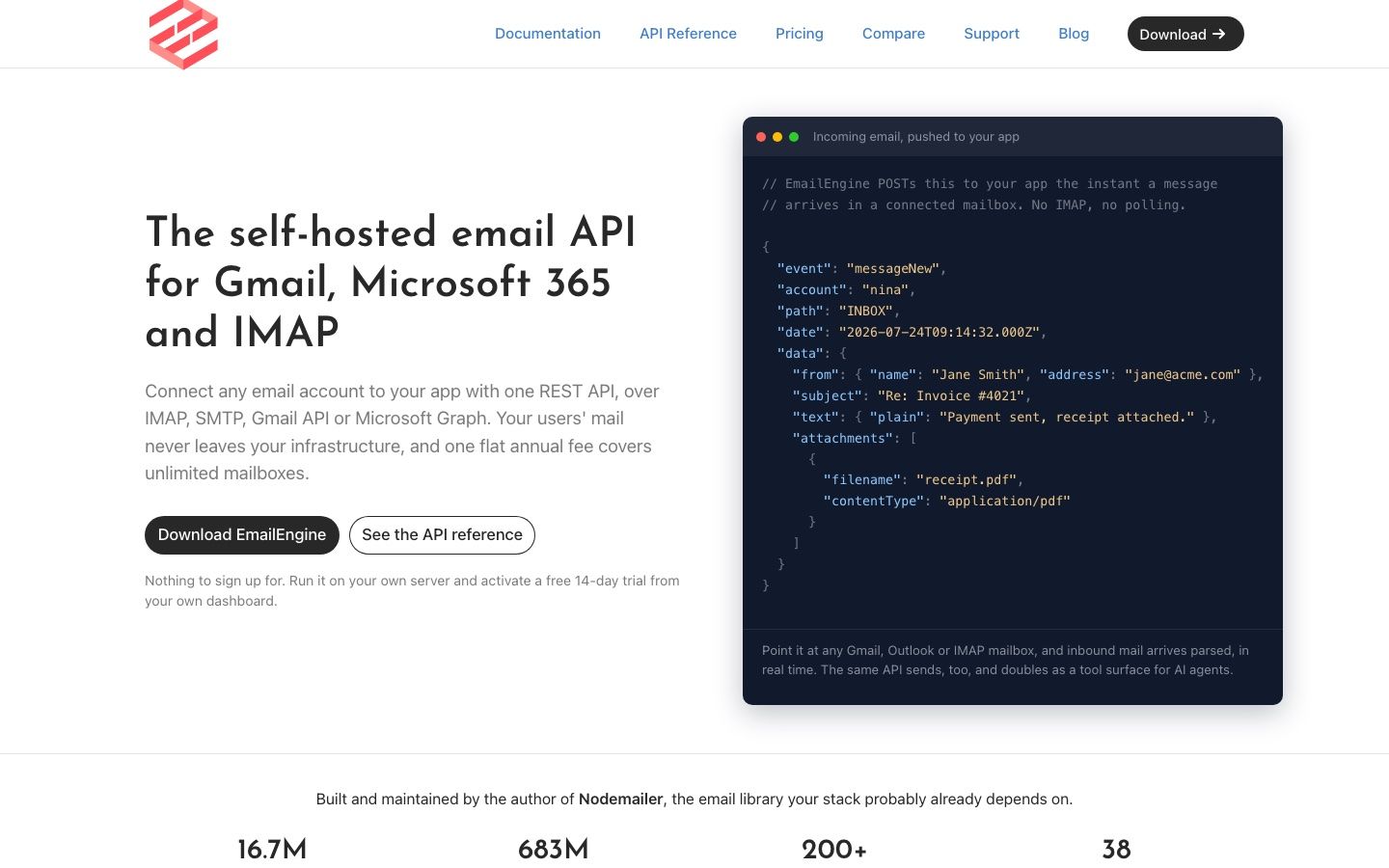 EmailEngine homepage: self-hosted email API for IMAP and SMTP accounts