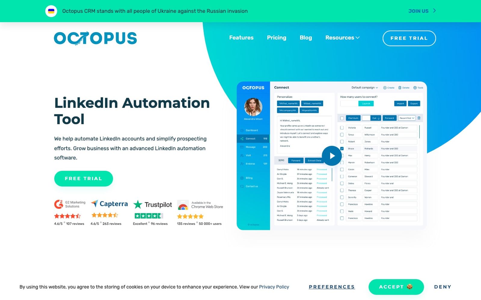 Octopus CRM homepage presenting its LinkedIn automation software