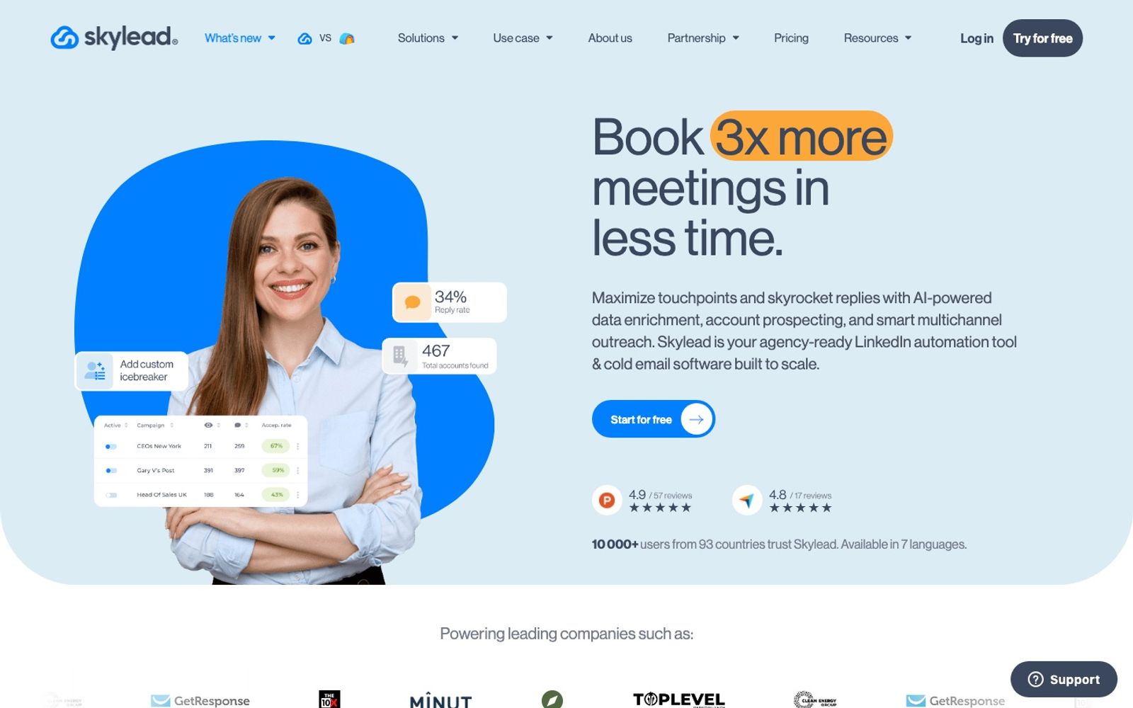 Skylead homepage presenting its LinkedIn and email outreach automation