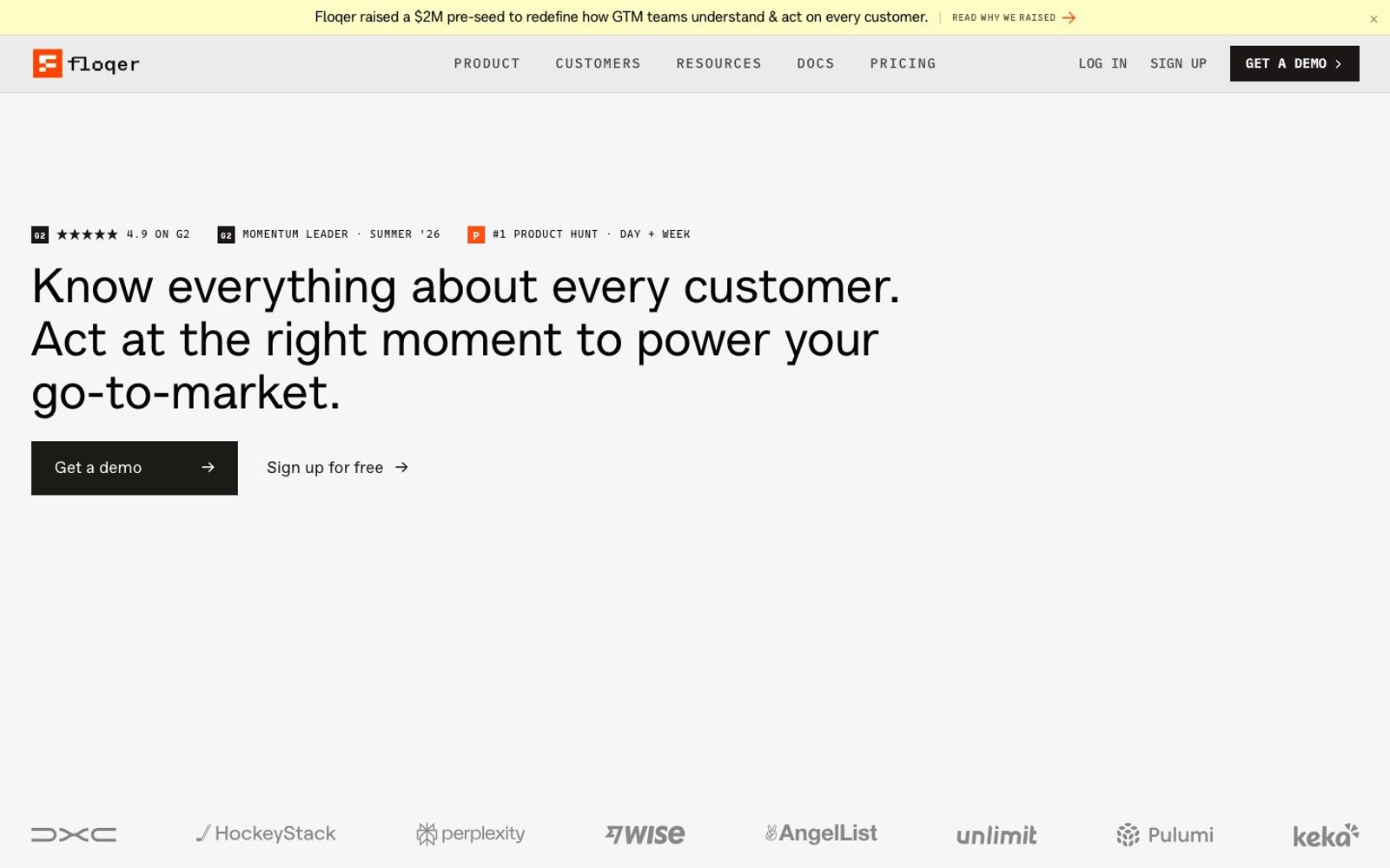 Floqer homepage: know everything about every customer and act at the right moment