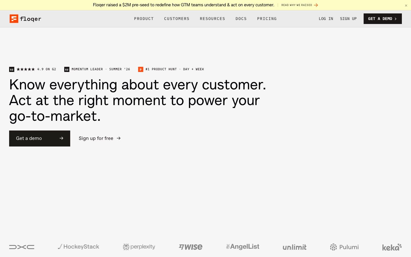Floqer homepage: know everything about every customer and act at the right moment