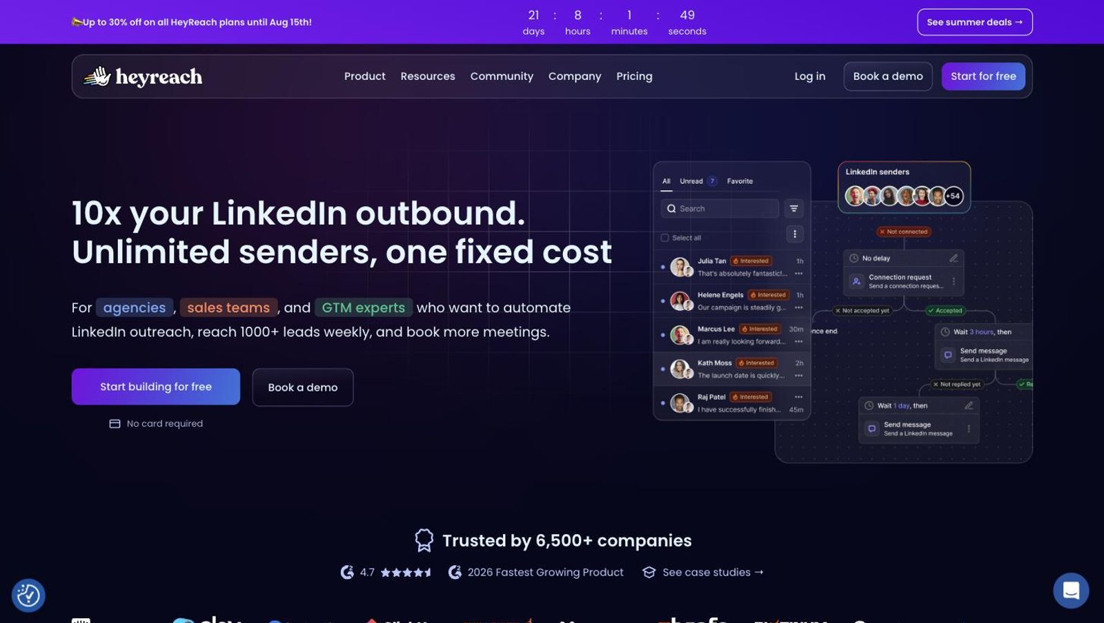 HeyReach homepage showing multi-sender LinkedIn outreach