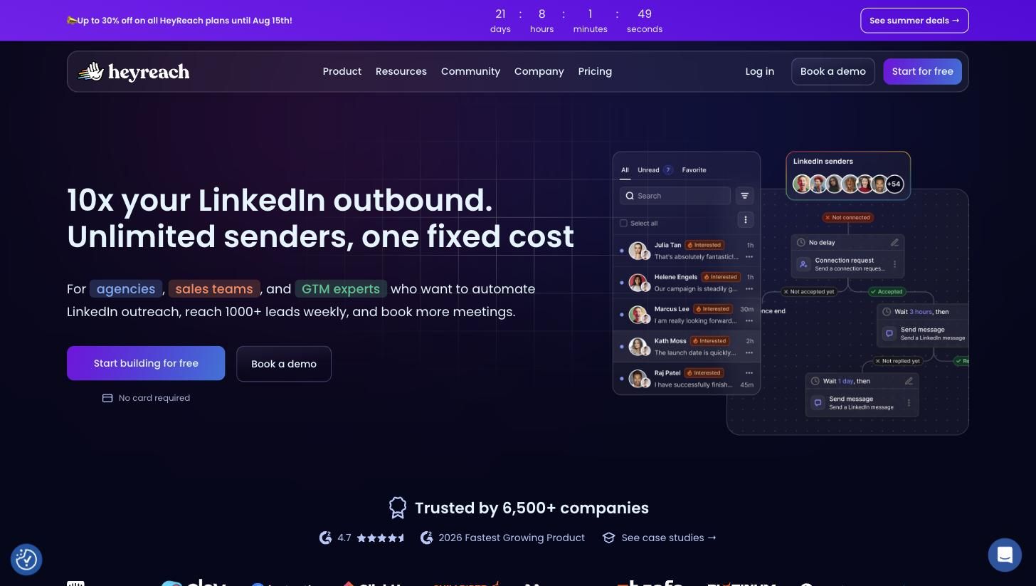 HeyReach homepage showing multi-sender LinkedIn outreach