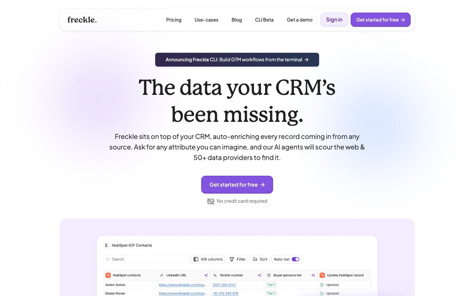 Freckle homepage: CRM auto-enrichment with AI agents across 50+ data providers