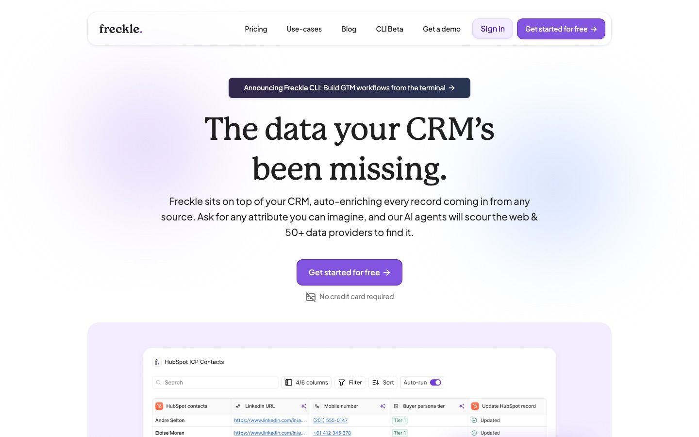 Freckle homepage: CRM auto-enrichment with AI agents across 50+ data providers