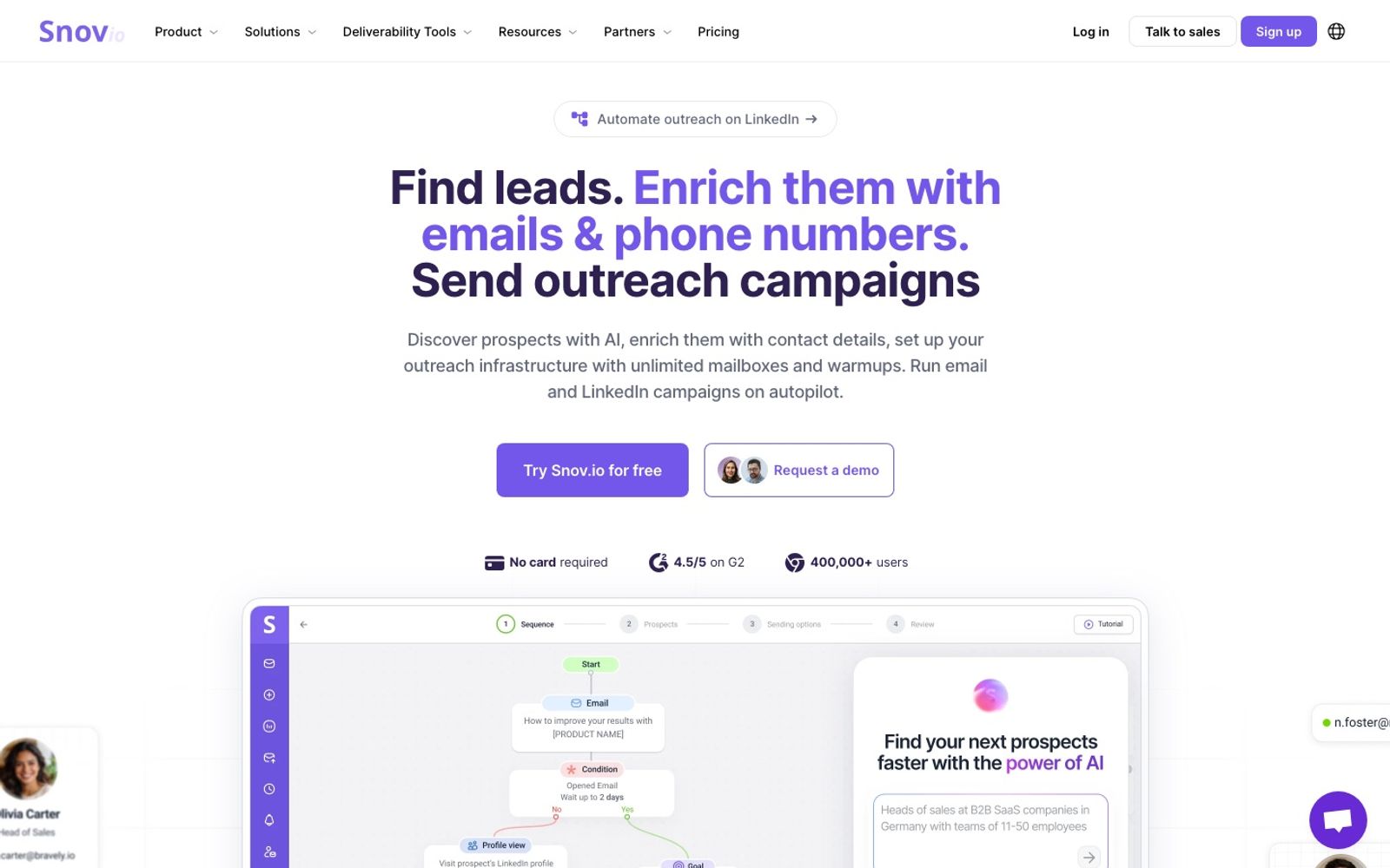 Snov.io homepage showing its email finder and outreach platform