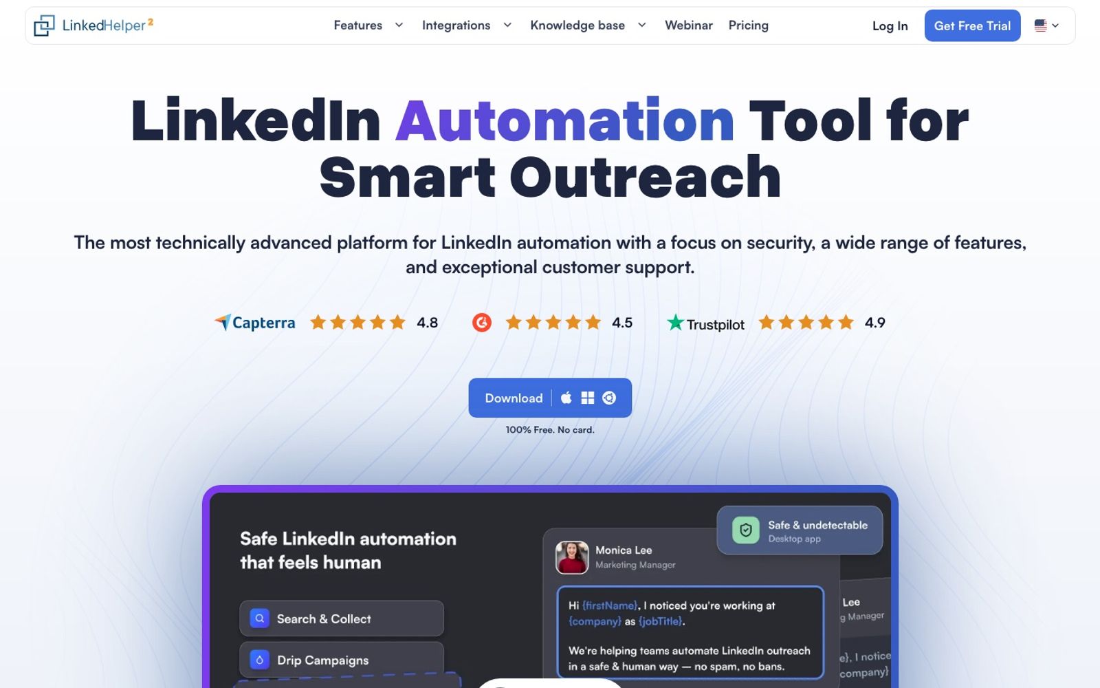 Linked Helper homepage presenting its desktop LinkedIn automation app
