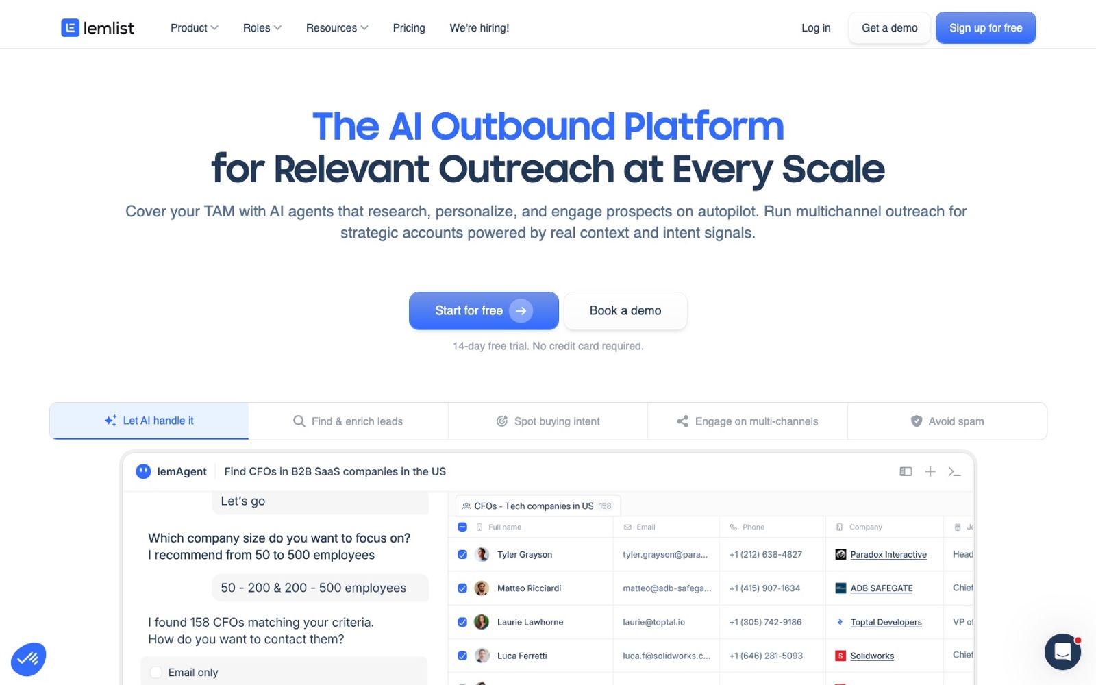 lemlist homepage presenting its multichannel outreach platform