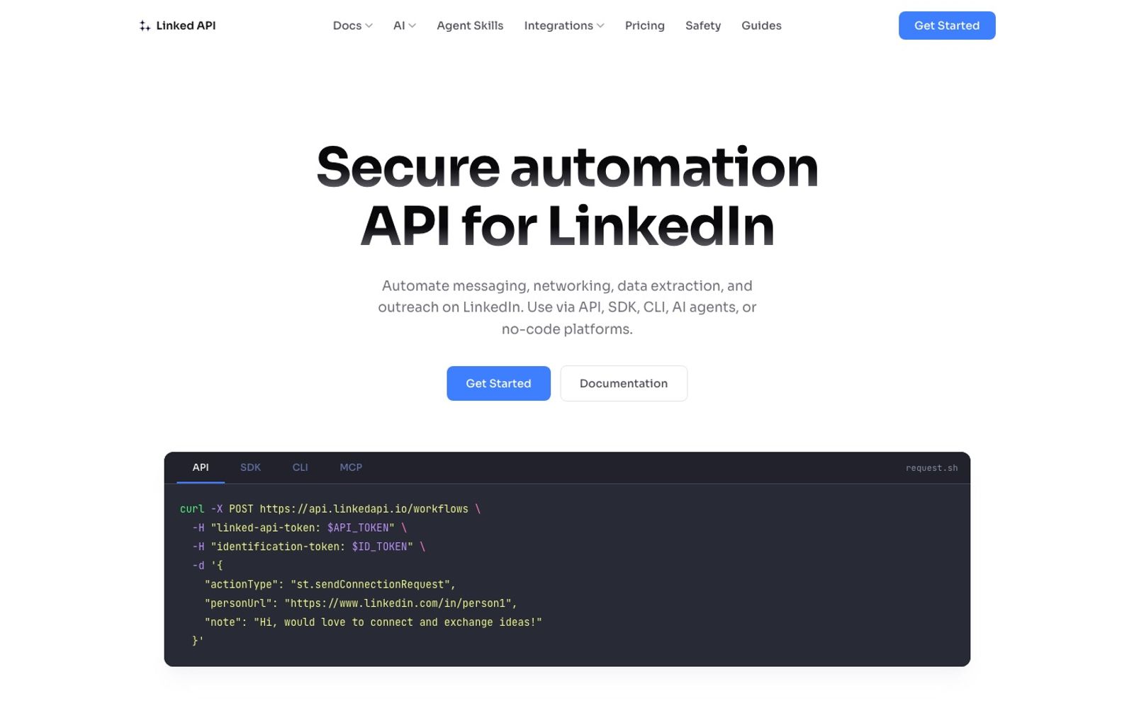 Linked API homepage: secure automation API for LinkedIn via API, SDK, CLI, or AI agents