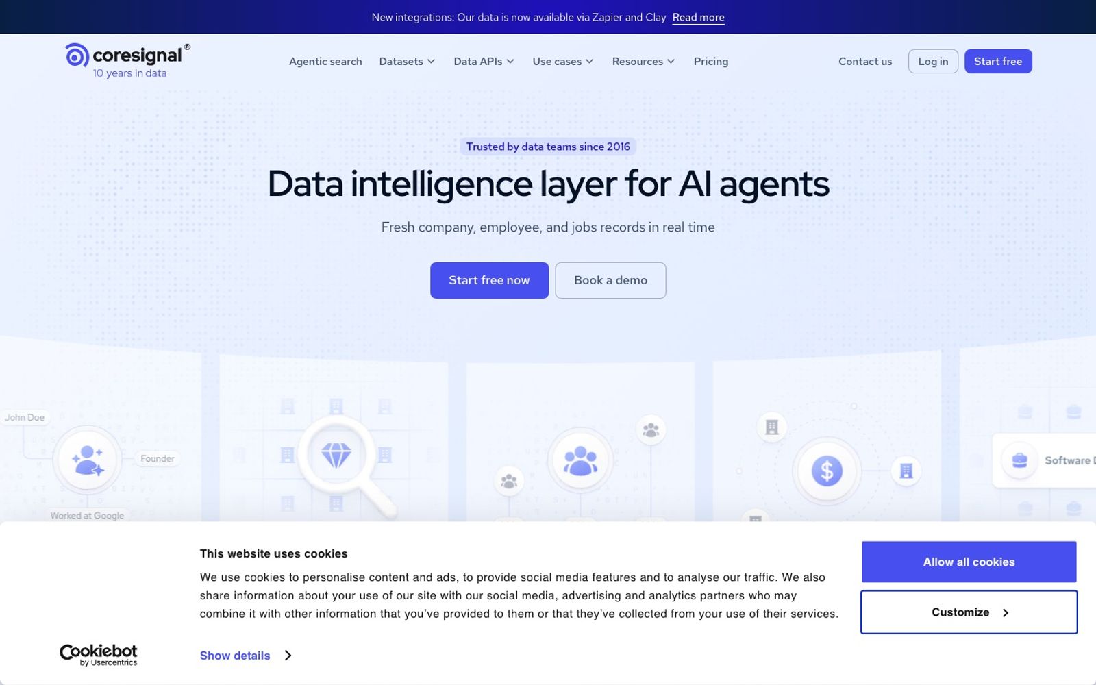 Coresignal homepage presenting its B2B employee, company and job posting data API