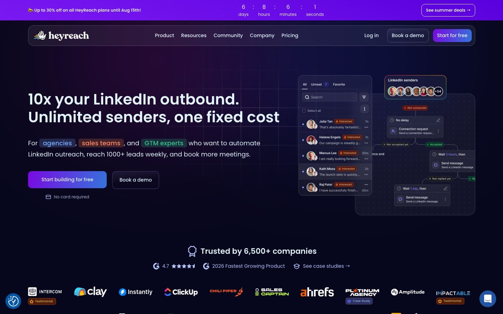 HeyReach homepage presenting its LinkedIn outreach platform for agencies