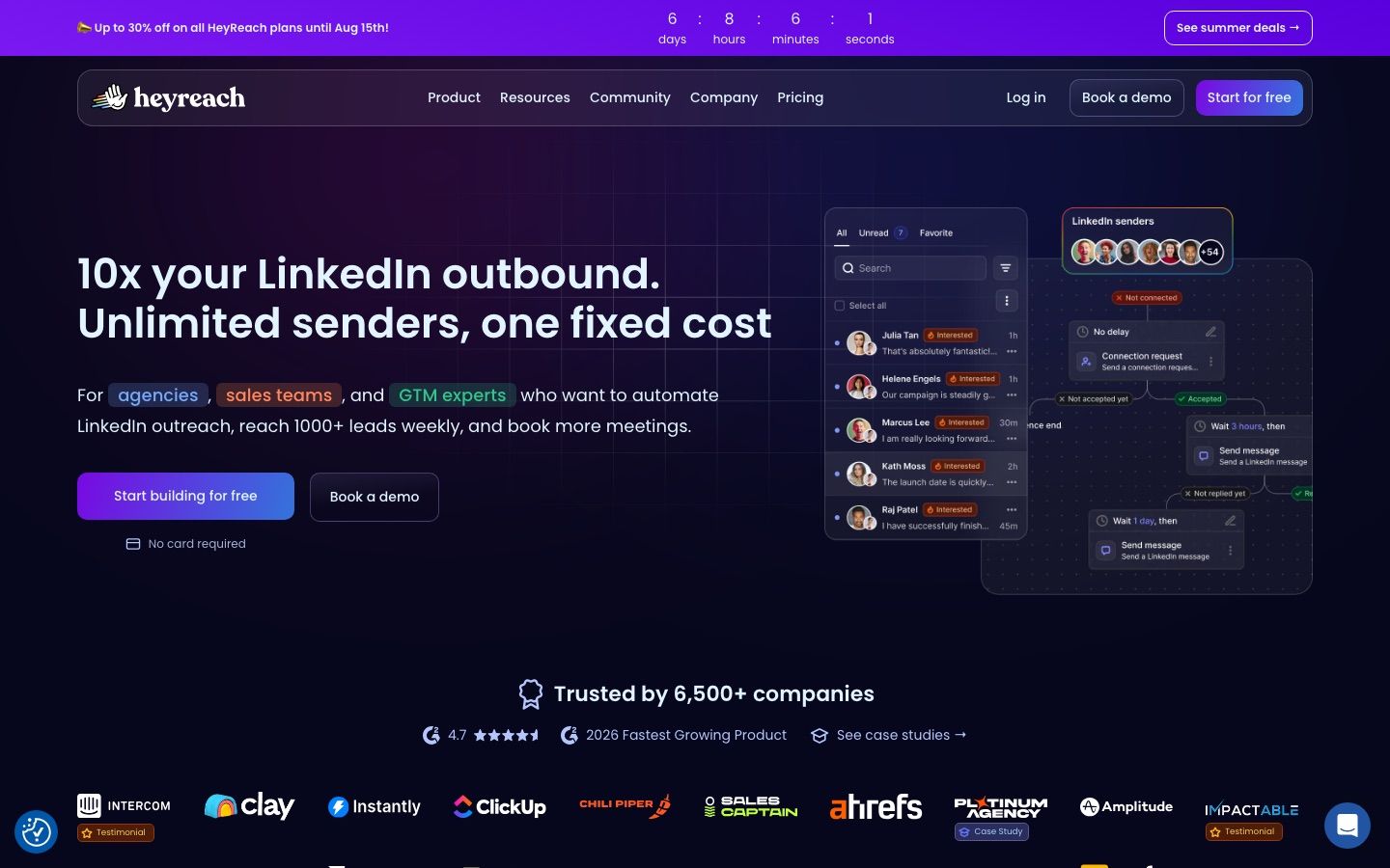 HeyReach homepage presenting its LinkedIn outreach platform for agencies