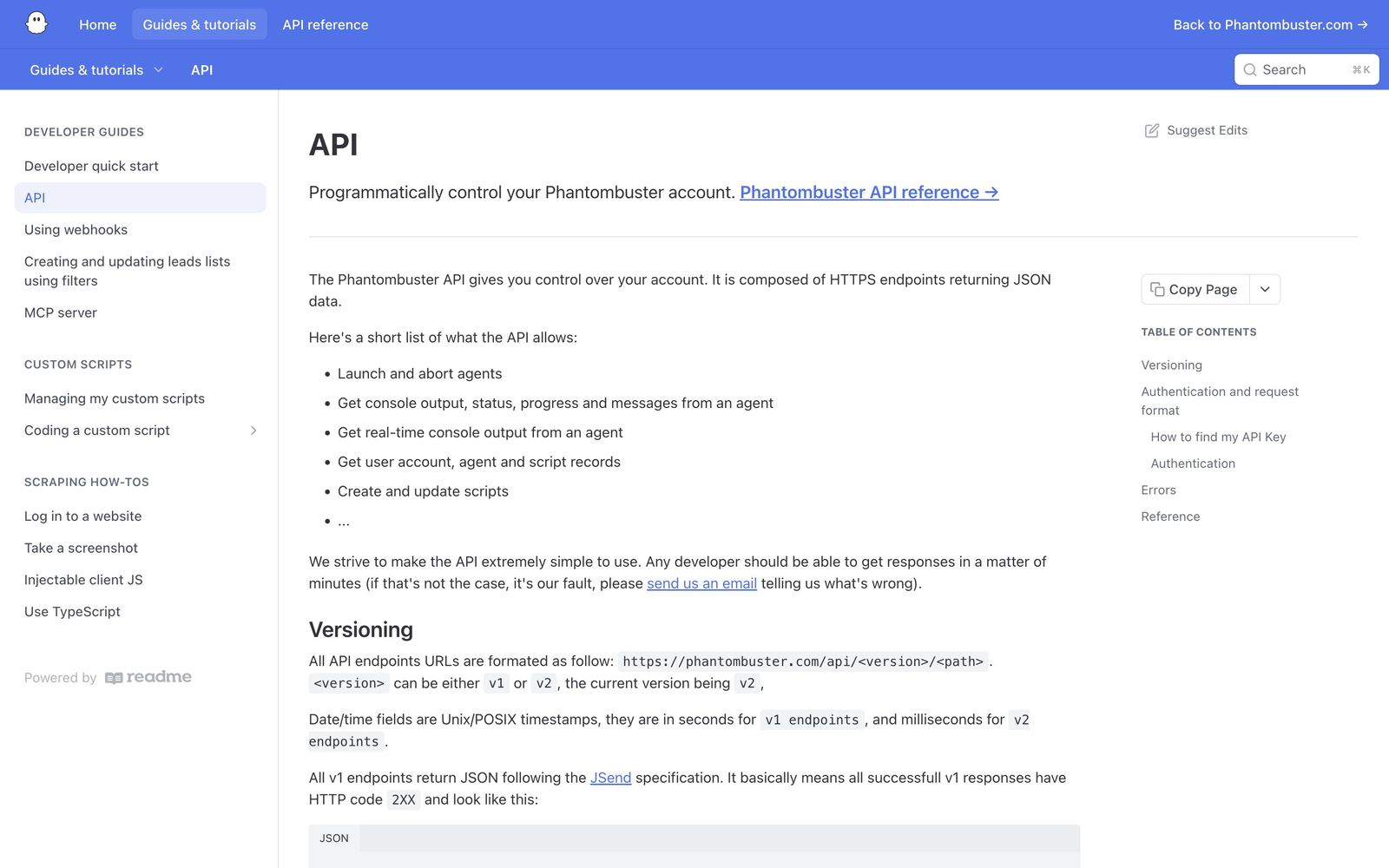 PhantomBuster's API documentation page showing the endpoint reference and authentication guide