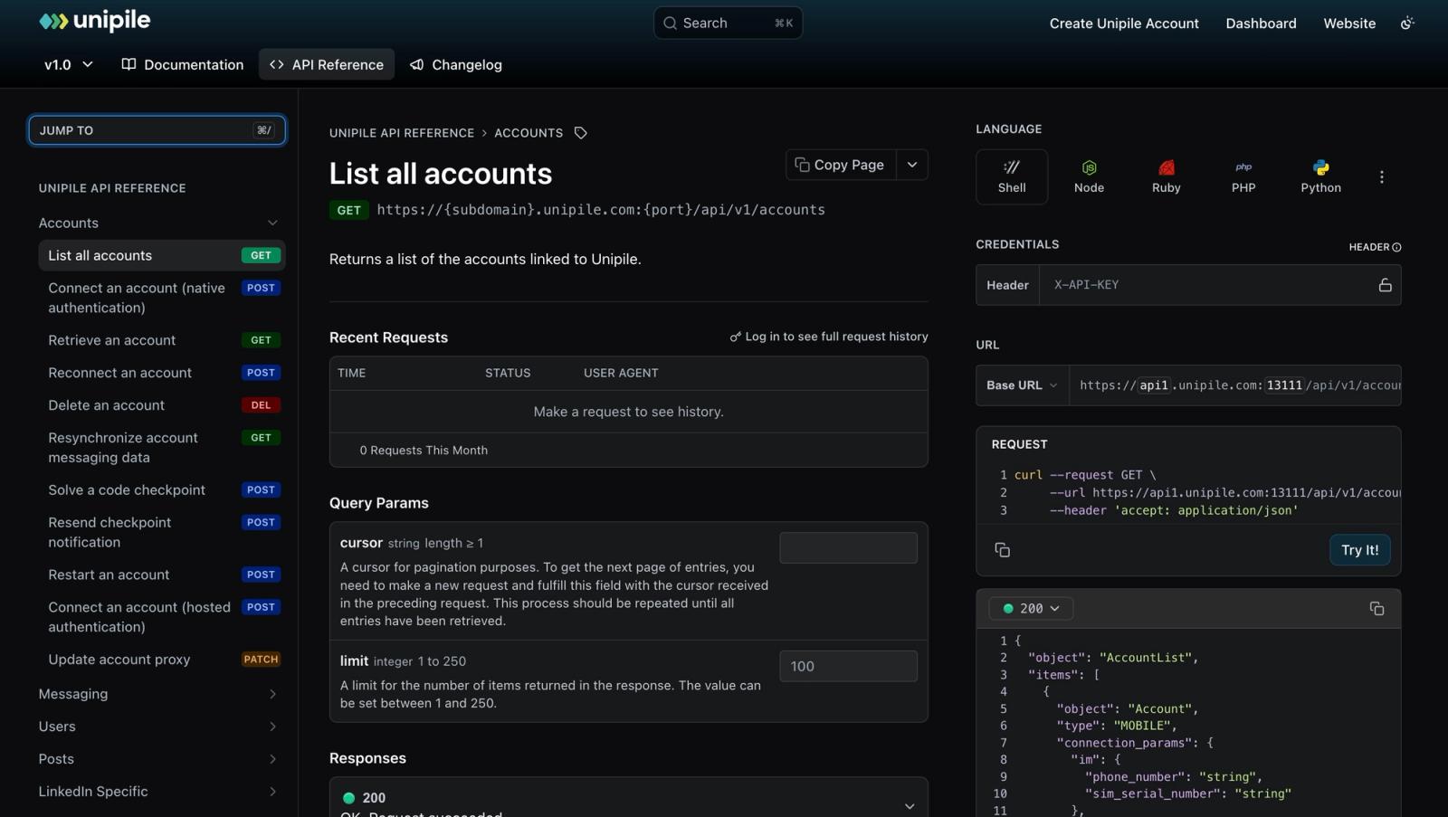 Unipile API reference showing the accounts endpoints developers build on