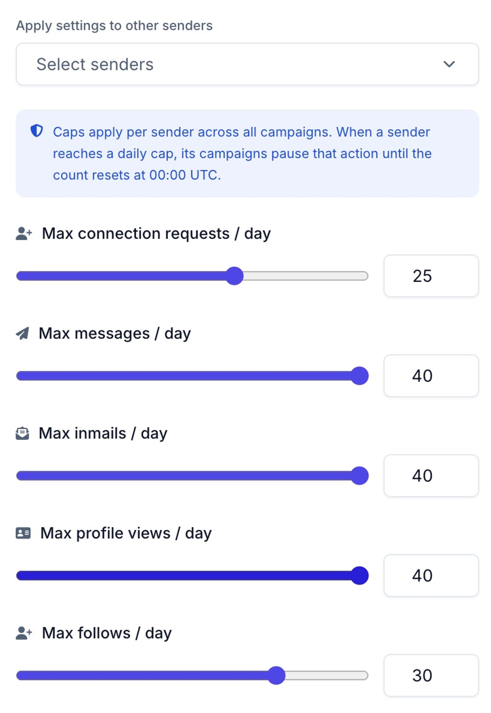 Swarmhit per-sender daily sending limits: sliders capping connection requests, messages, InMails, profile views, and follows per day