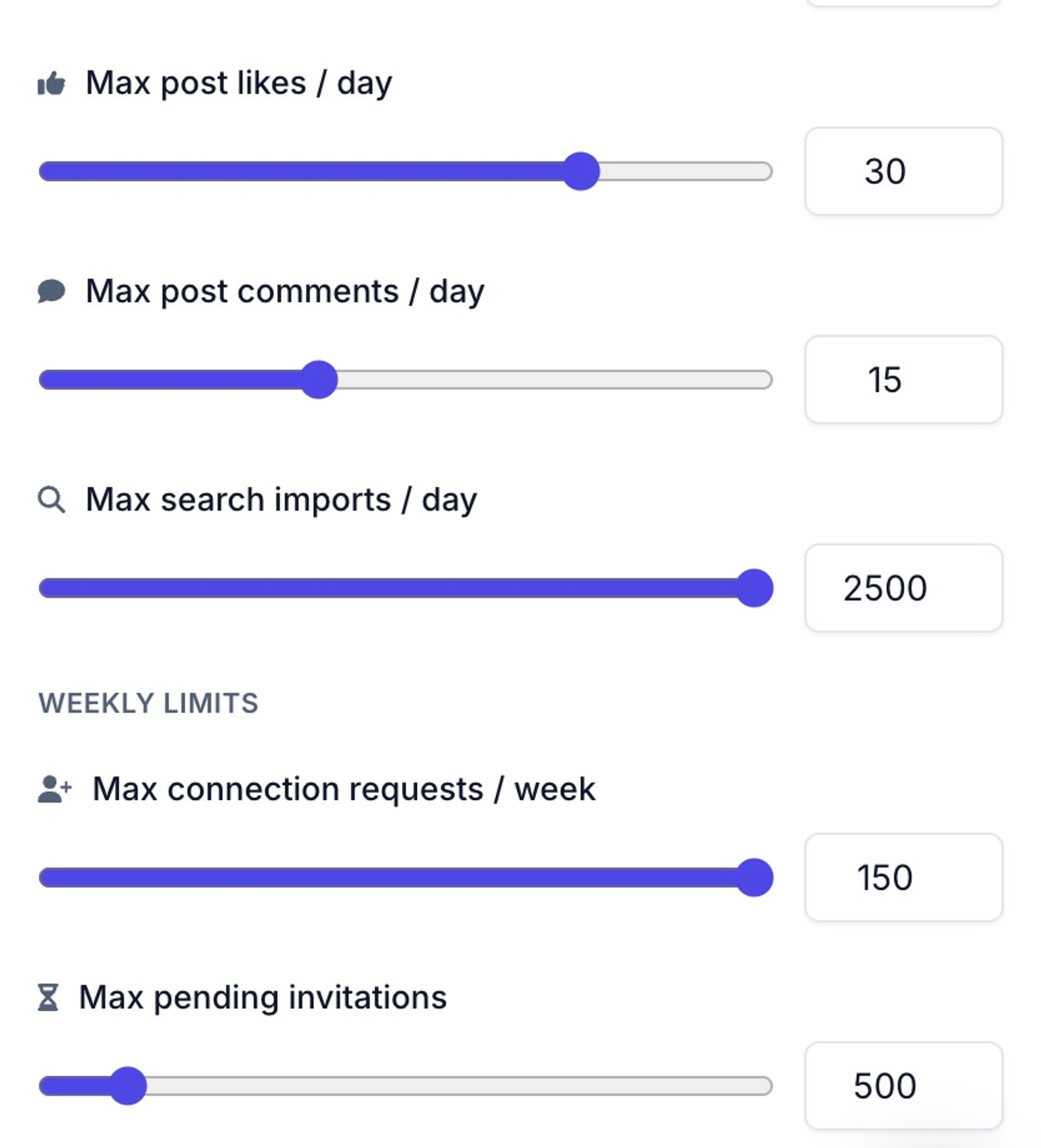 Swarmhit weekly sending limits: maximum connection requests per week and maximum pending invitations, alongside daily caps for likes, comments, and search imports