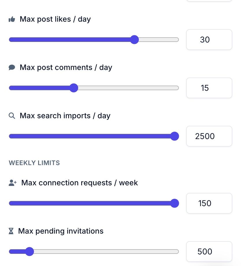 Swarmhit weekly sending limits: maximum connection requests per week and maximum pending invitations, alongside daily caps for likes, comments, and search imports