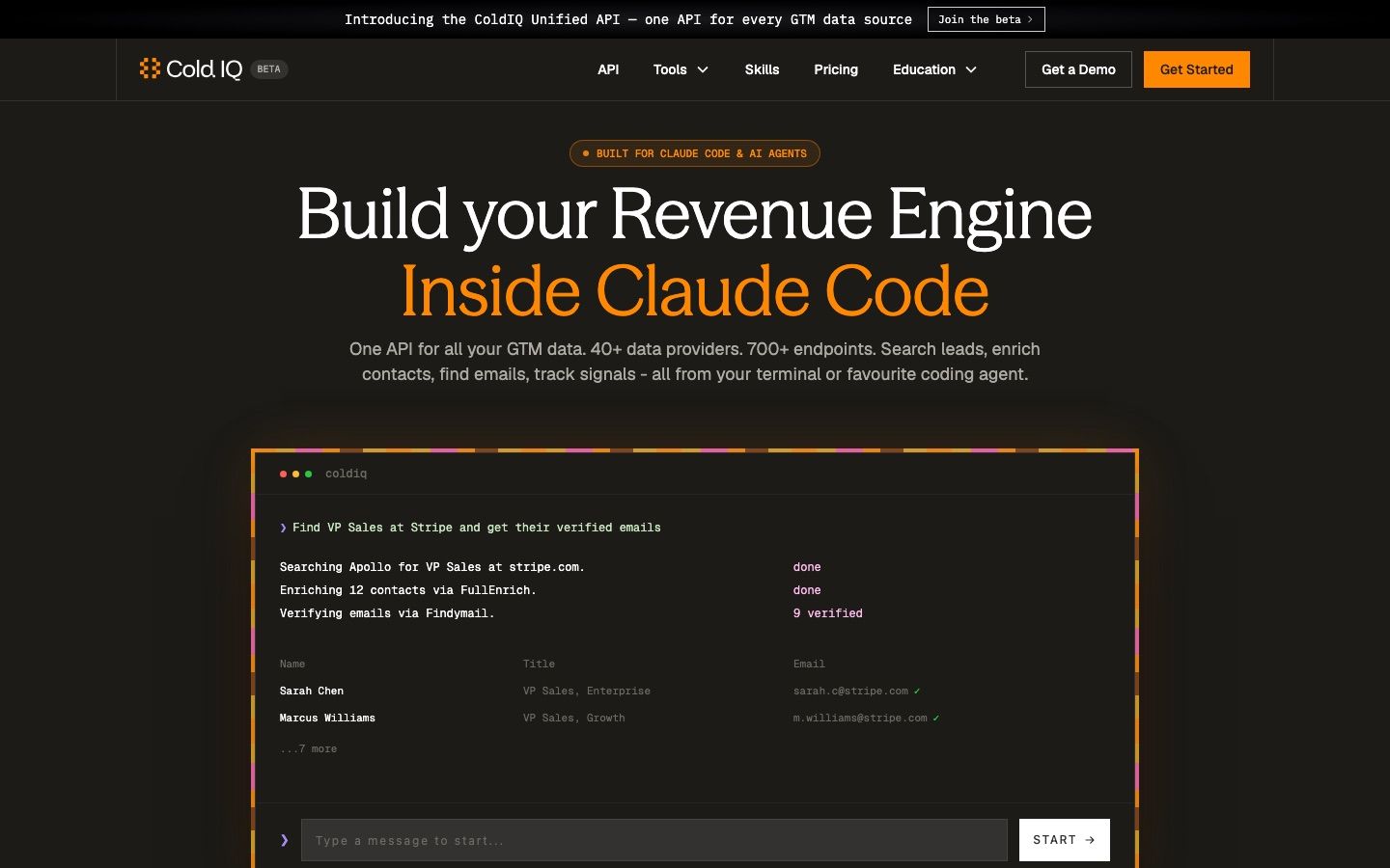 ColdIQ homepage: one API for every GTM data source, built for Claude Code and AI agents