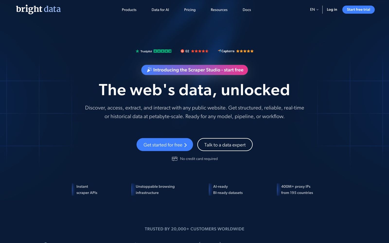 Bright Data homepage: the web's data, unlocked, with scraper APIs and 400M+ proxy IPs