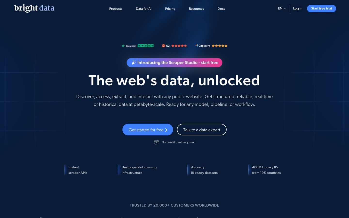 Bright Data homepage: the web's data, unlocked, with scraper APIs and 400M+ proxy IPs