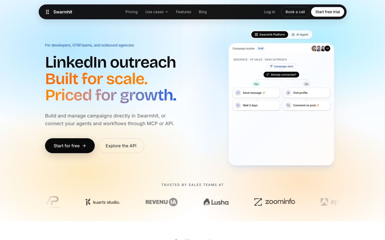 Swarmhit homepage: LinkedIn outreach built for scale, priced for growth