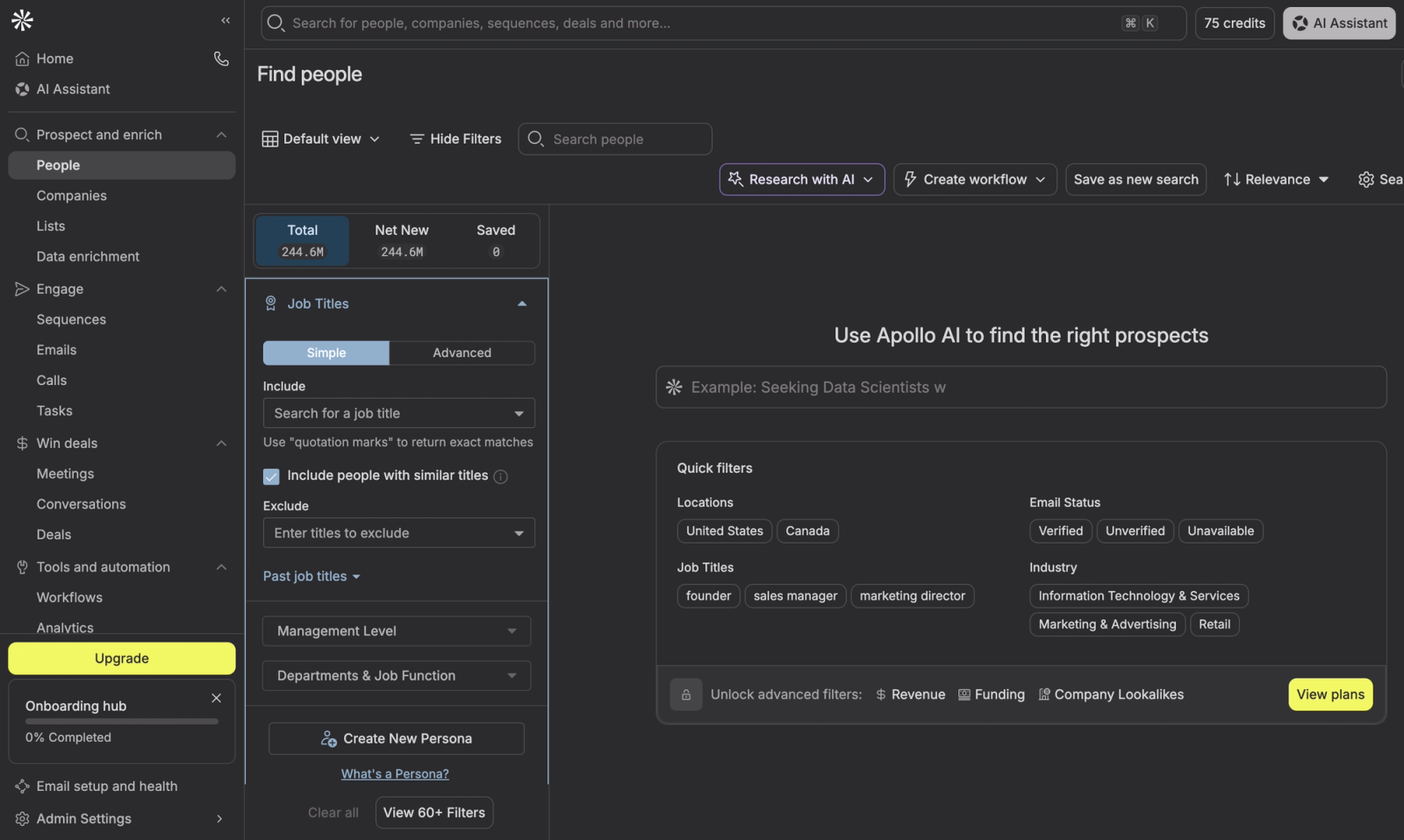 Inside Apollo: the Find People search showing 244.6M total contacts with job title, location, and intent filters