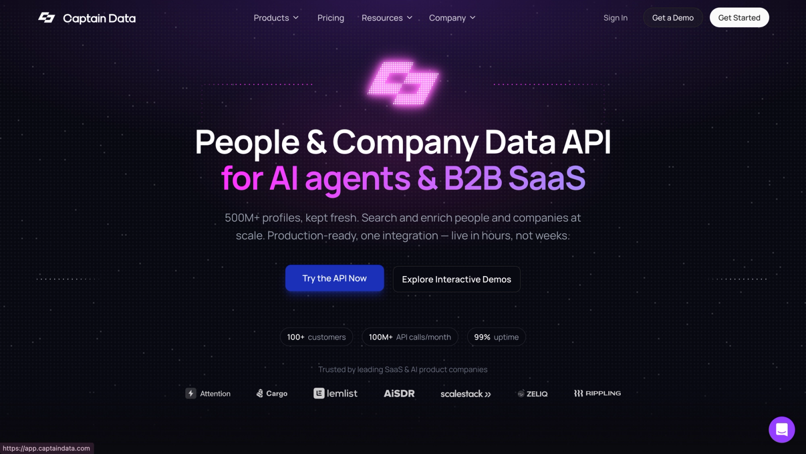 Captain Data homepage: people and company data API for AI agents and B2B SaaS