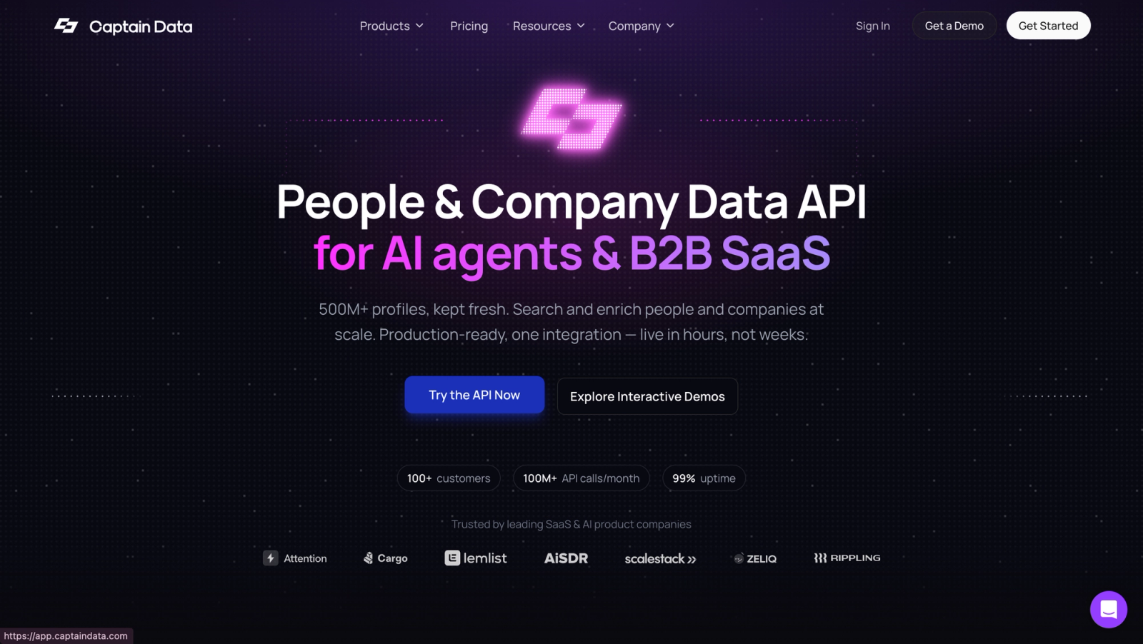 Captain Data homepage: people and company data API for AI agents and B2B SaaS