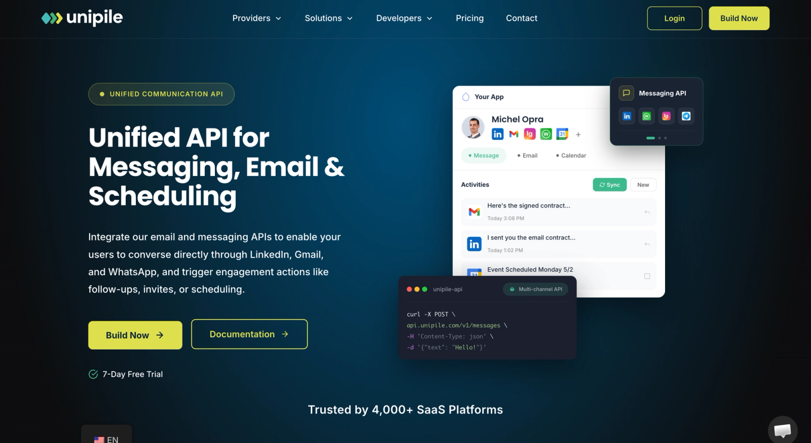 Unipile homepage: one API for messaging, email, and calendar across providers