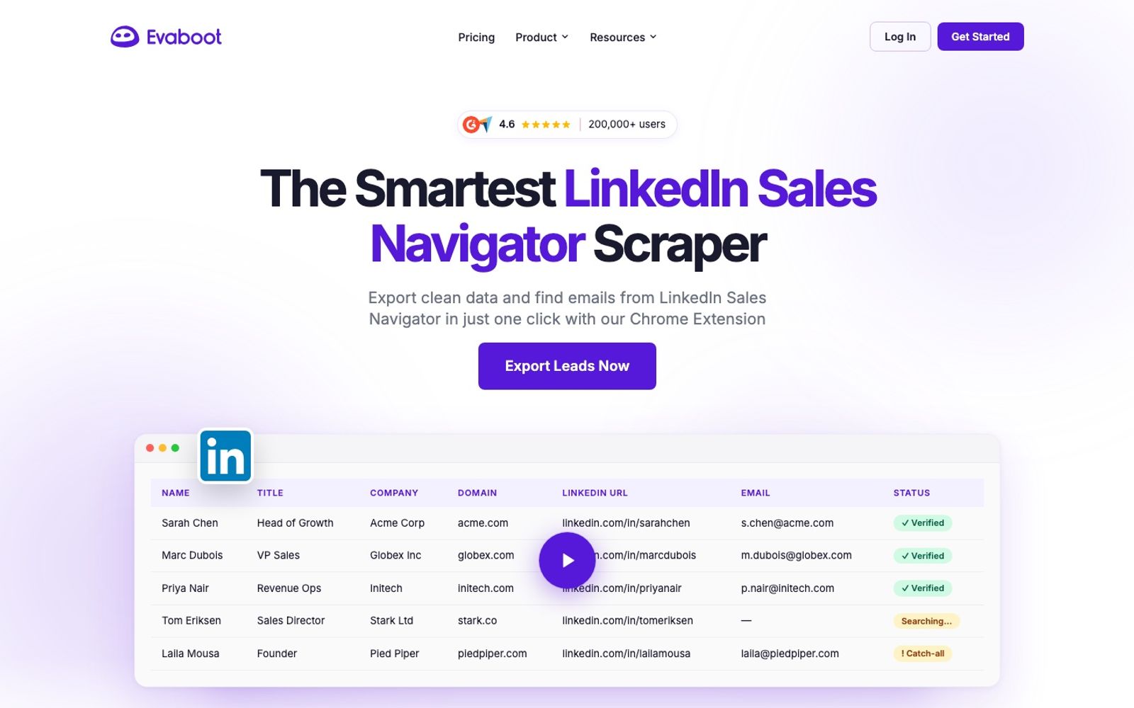 Evaboot homepage, the Sales Navigator export tool