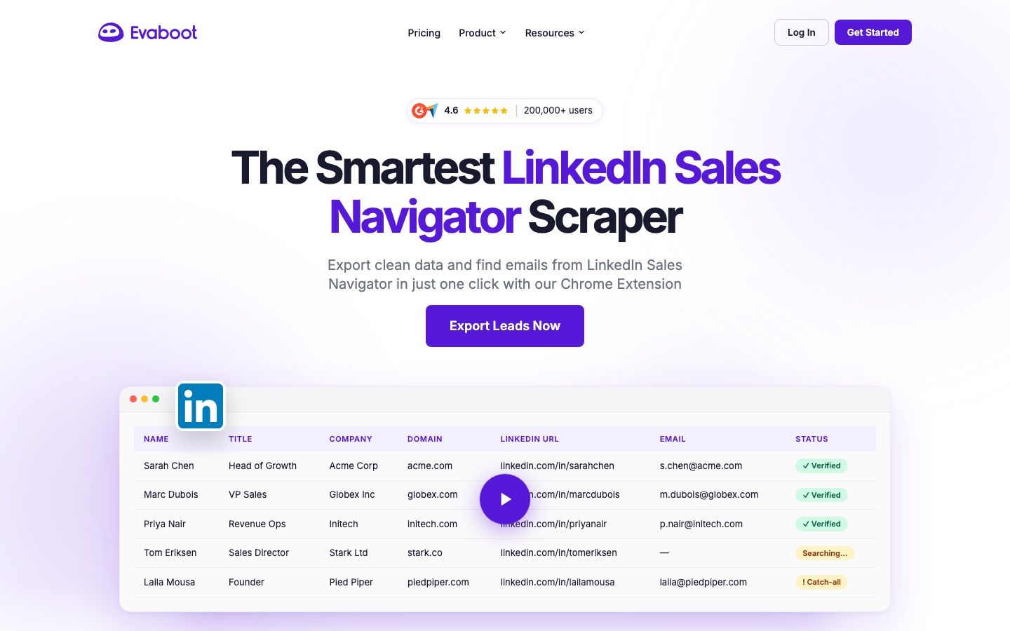 Evaboot homepage, the Sales Navigator export tool