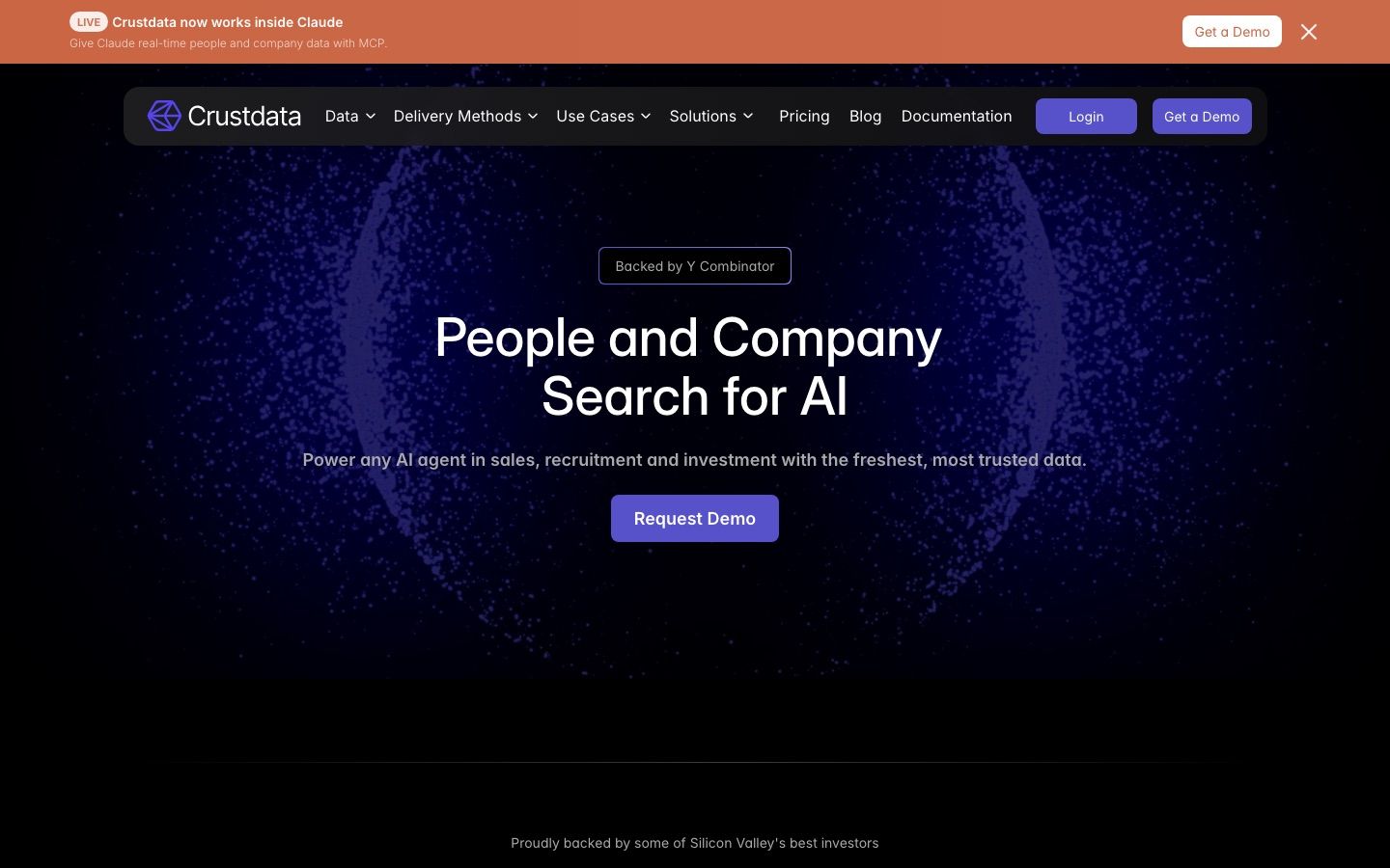 Crustdata homepage: people and company search for AI, backed by Y Combinator