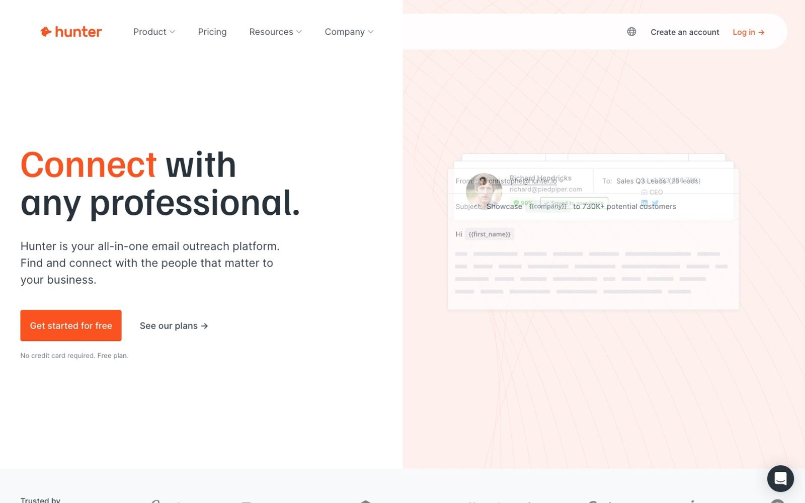 Hunter homepage presenting its email finding and verification platform