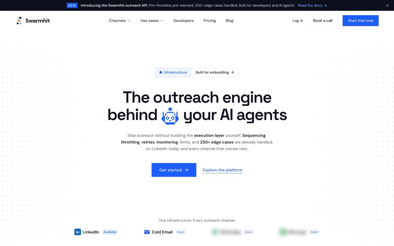 Swarmhit homepage showing multi-sender LinkedIn outreach campaigns
