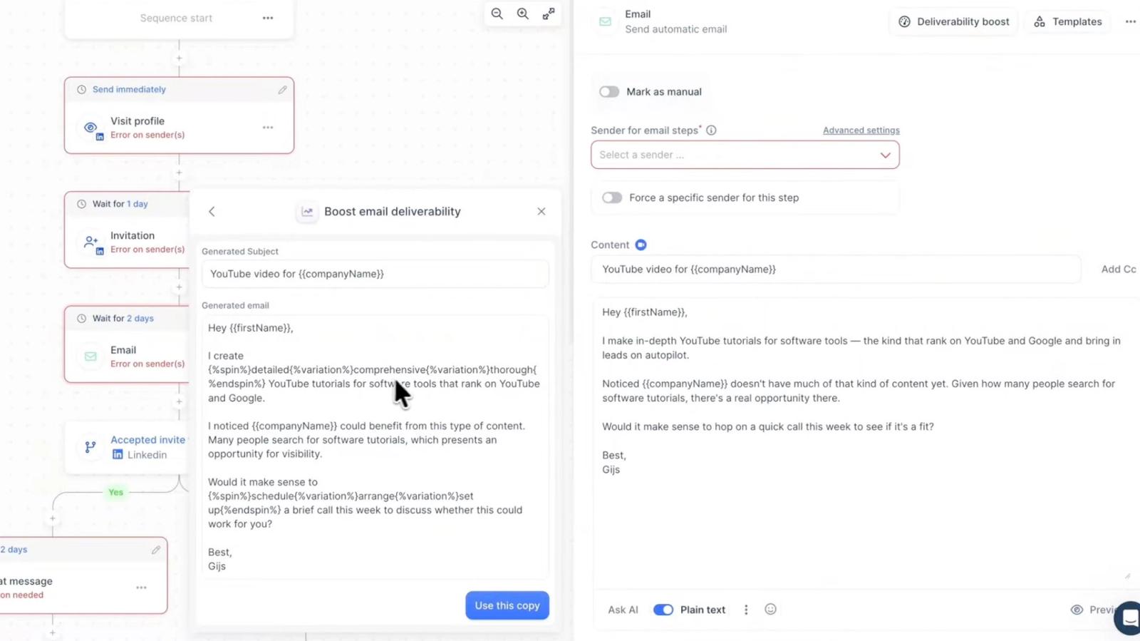 lemlist sequence editor with profile visit, invitation and email steps in a sender error state next to an AI email rewriting panel